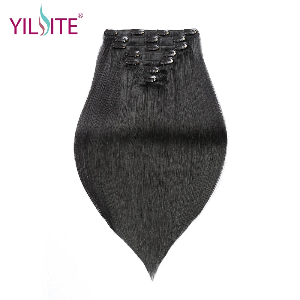 

YILITE Brazilian Human Hair Clips in Hair Extensions 16inch, Straight Natural Black Remy Hair Clip-In Extensions 7Pcs/Set