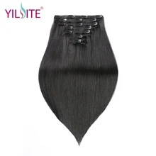 YILITE Brazilian Human Hair Clips in Hair Extensions 16inch, Straight Natural Black Remy Human Hair Clip-In Extensions 7Pcs/Set
