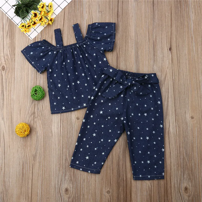 

Toddler Kids Girls Summer Clothes Off Shoulder strap pullover Geometry short sleeve Tops star print Pants 2pc Baby outfits
