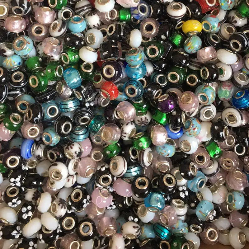 100Pcs Spacer Charm European Beads Glass Big Hole Mixed Random Patterns Fit DIY Bracelet Jewelry Finding