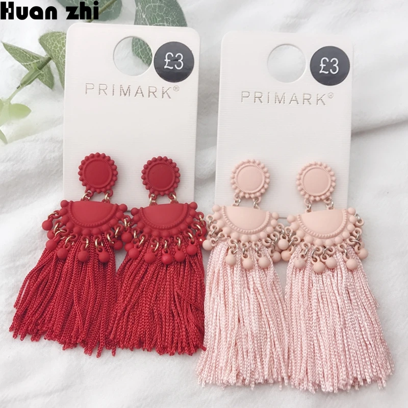 

HUANZHI Bohemian Metal Spray Paint Big Long Tassel Drop Earrings For Women Lady Female Fringe Handmade Brincos Statement Jewelry