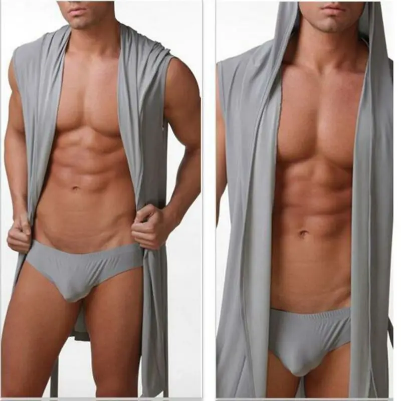 Online Beste preis Sommer kleid bad robe mit briefs männer sexy pyjamas nachtwäsche Seide pijama hombre kapuze bademantel männer bad 5 farbe set