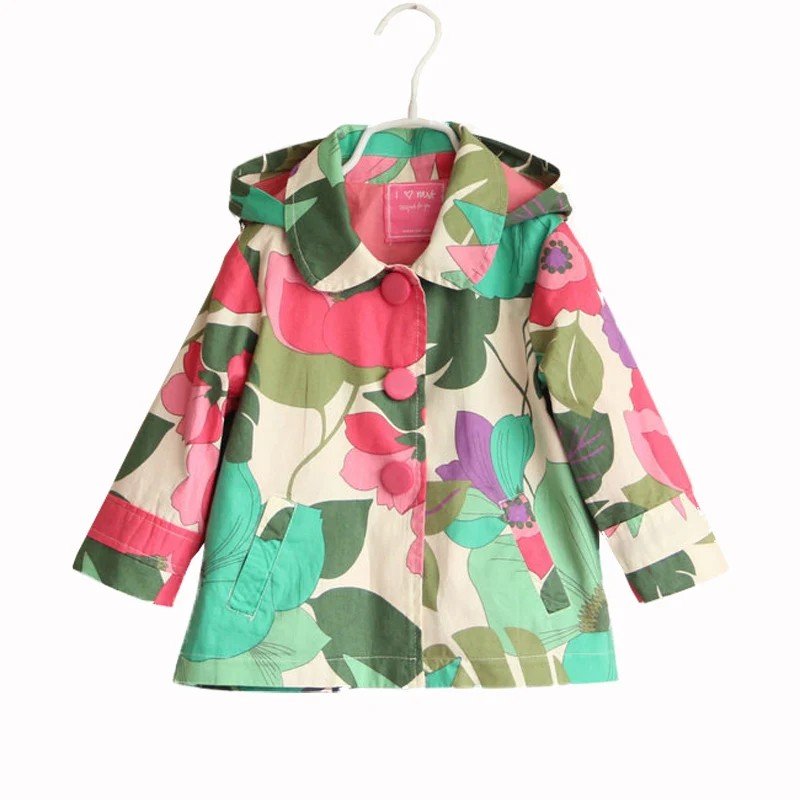 

New 2-7T children's jacket girls Spring Autumn Kids outerwears Fashion long sleeve Flower hoodie Trench Coat for girls