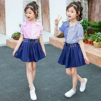 

Baby Girls Clothing Sets Summer Kids clothes Children T Shirt Dresses 2Pcs Striped Girl Clothes 4 6 8 10 12 13 Years Girls Wear