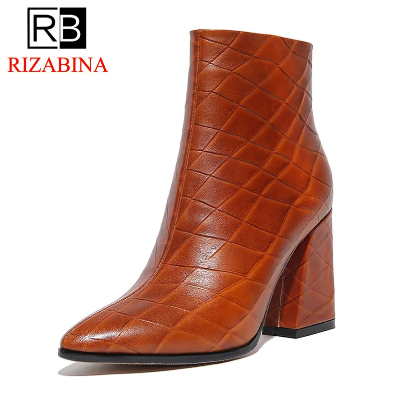 

RIZABINA New Fashion Genuine Leather Ankle Boots Pointed Toe Zipper Boots Women Thick High Heels Spring Autumn Boots Size 34-43