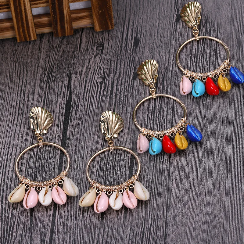 

Fashion color shell drop earring for women exaggeration big circle fringed earrings summer girl statement earrings jewelry 2019
