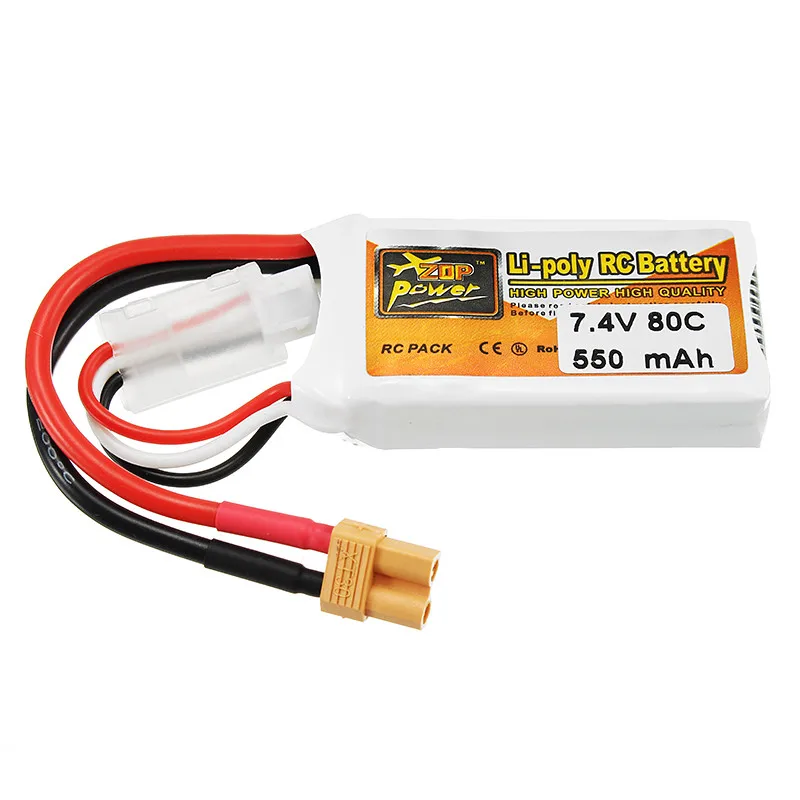 

Latest ZOP Power 7.4V 550mAh 80C 2S Lipo Battery Rechargeable XT30 Plug Connector for Racing Racer RC Drones Quadcopter Toy