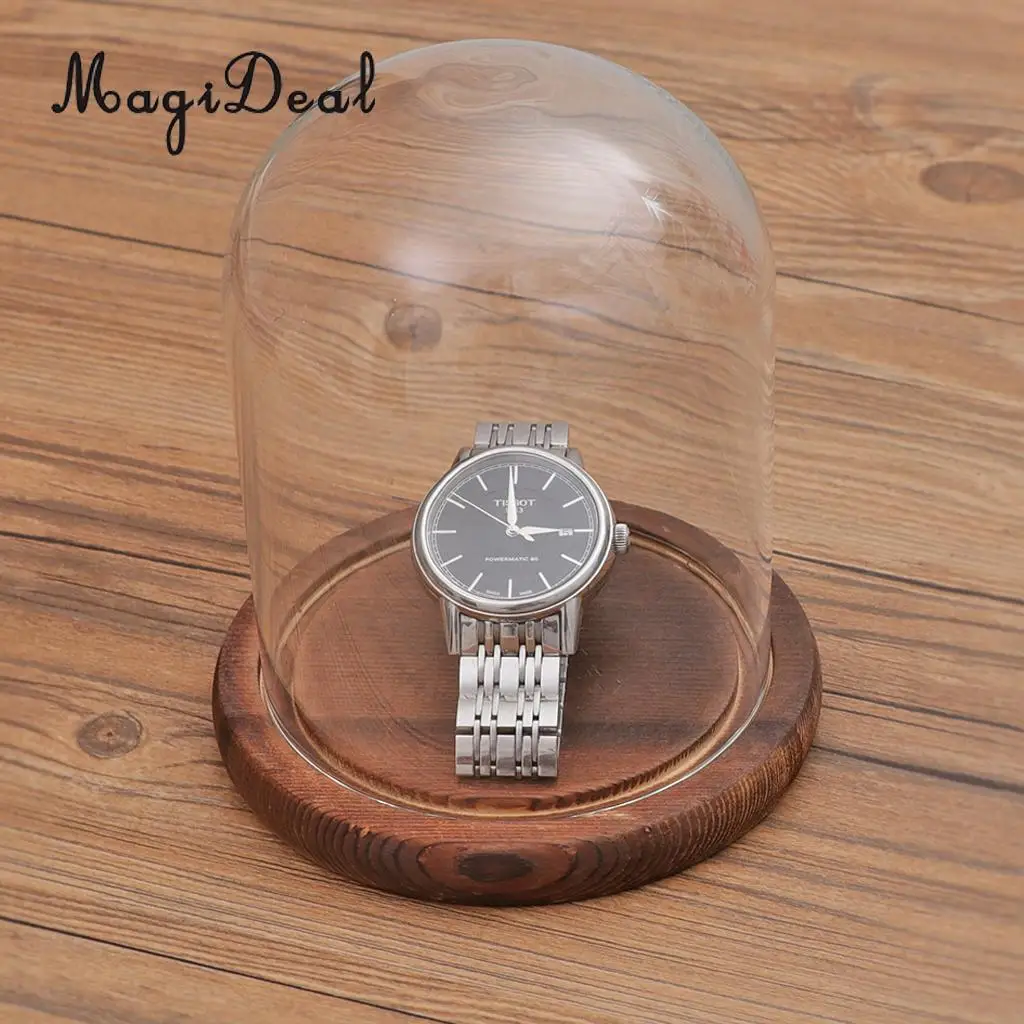 MagiDeal Glass Dome Cloche with Wooden Base Flower Landscape Holder Glass Cover Black G