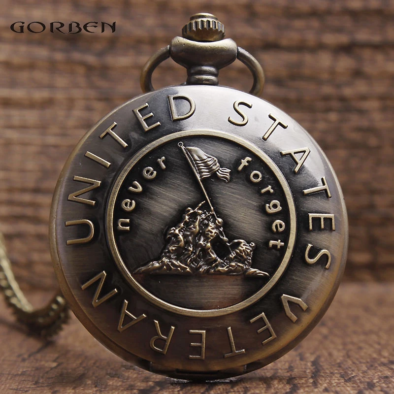 Vintage Never United States VETERAN Pocket Watch With Necklace Chain Retro Bronze Men