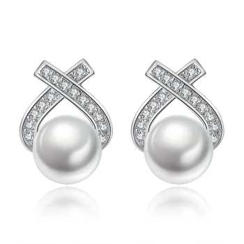 

100% 925 sterling silver fashion triangle shiny zricon imitation pearl ladies'stud earrings wholesale jewelry wedding gift