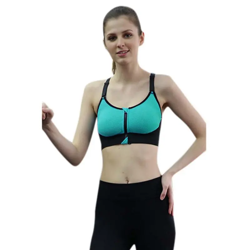 

Women Bright Patchwork Front Zipper Easy Wearing Wireless Push Up Women's Fitness Running Sports Bra Tops High Quality