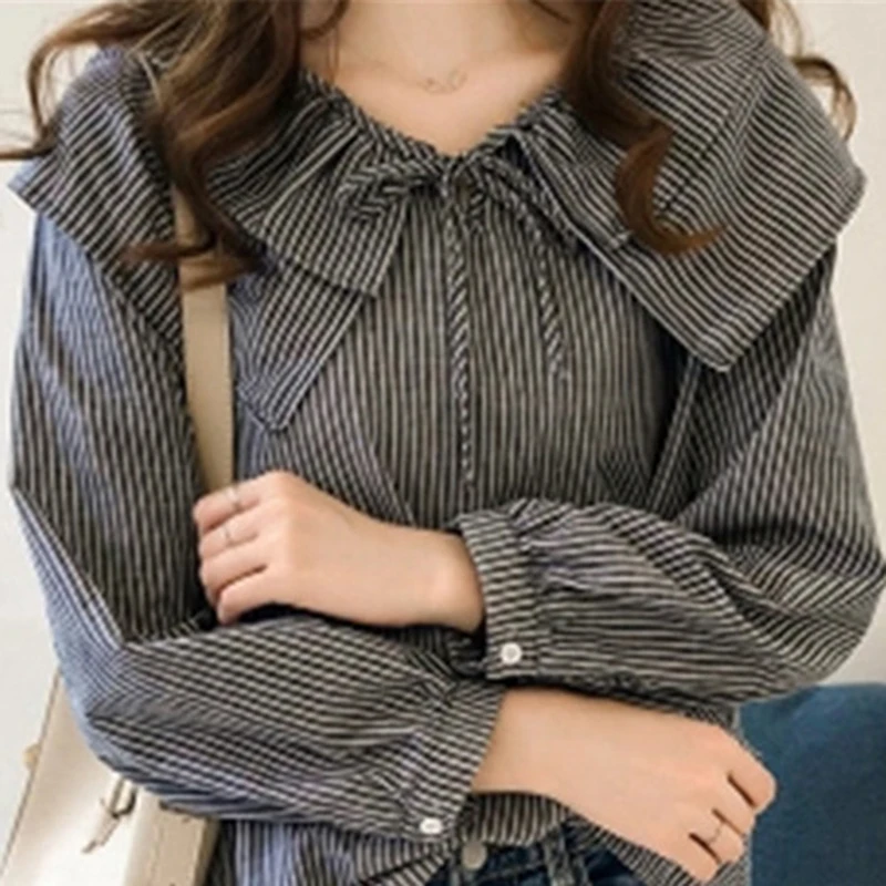 

2019 Womens Plus Size Peter Pan Collar Tops And Blouses Ladies Casual Bowknot Long Sleeve Oversized Striped Shirts Blusas Mujer
