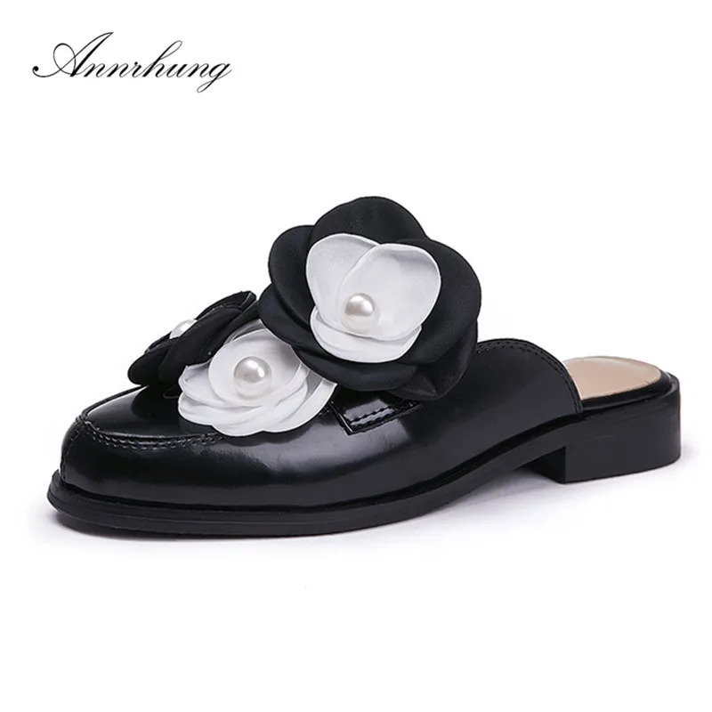 

Fairy Floral Decor Genuine Leather Slippers Women Round Toe Slingback Mules Black Fashion Spring Outwear Slides For Women