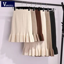 Vangull Women long sweater skirt Winter female ruffle midi pleated skirts maxi knitted high waist warm elegant Saias Jupe Femme
