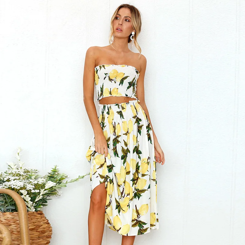 

2 Piece Set Women Boho Beach Summer Long Dress Sunflower Print Sexy Strapless Crop Top And Skirt Casual Floral Women Sets Outfit
