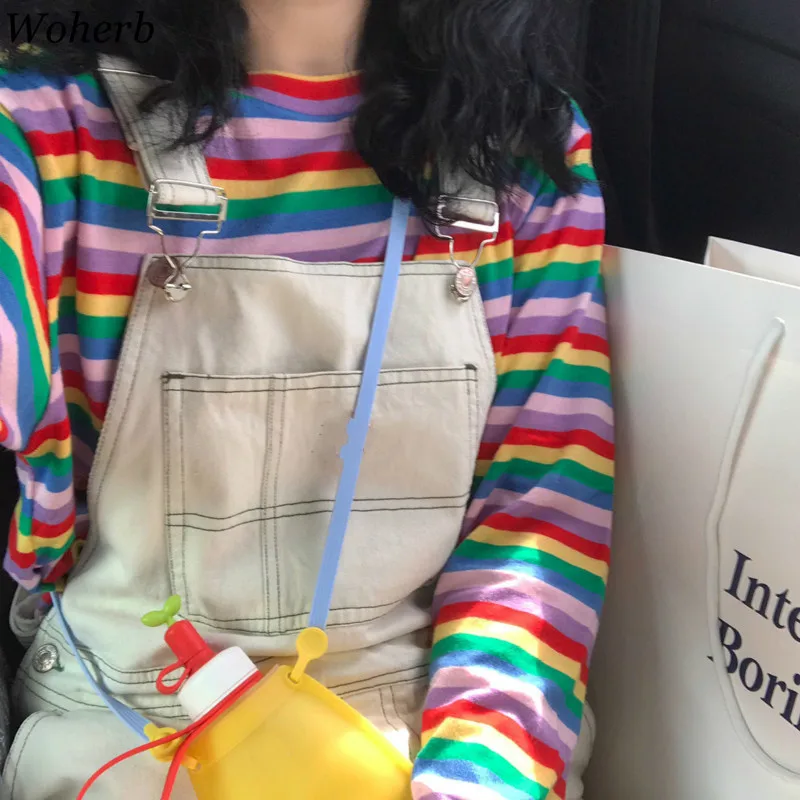 

Woherb 2019 Korean Long Sleeve T Shirts Women Student T-shirt Fashion Harajuku Rainbow Striped Slim Shirts Stretch Knit Tshirt