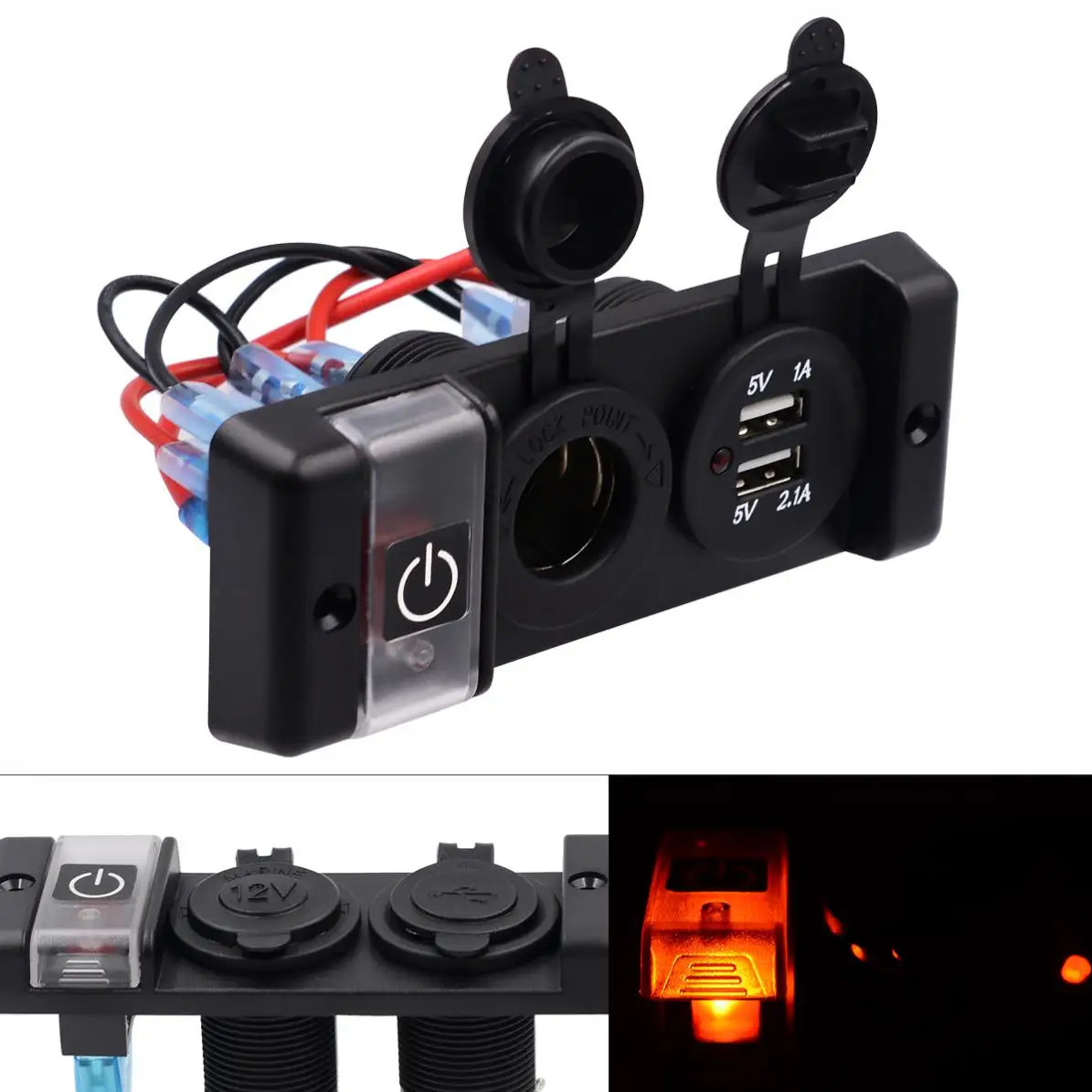 12V Waterproof 16A Dual USB Car Charger Three Bit Power Control Switch Panel with Cigarette