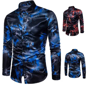 

Men shirt Men's Fashion Print Turn-down Collar Slim Fit Long Sleeve Top Shirt Blouse