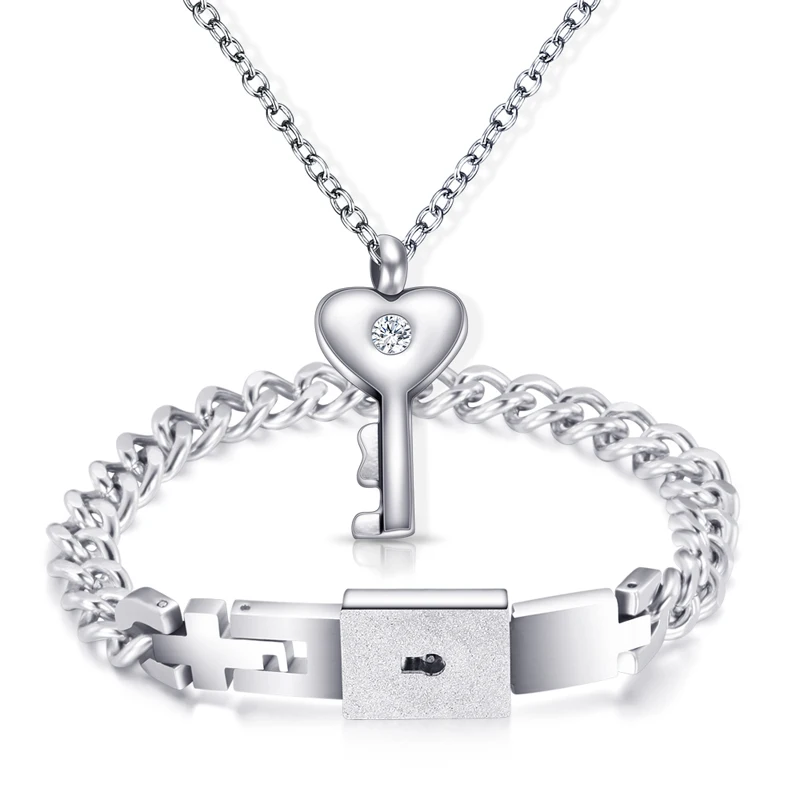 Пара Lover Ювелирные наборы из нержавеющей стали любовь сердце замок браслеты ключ кулон ожерелье пары - Окраска металла: MF1155-S