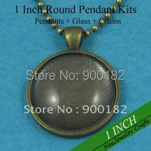 200 комплектов ожерелье под античную бронзу наборы: 25 мм круглые подвесные подносы+ 25 мм стекло Cabochons+ 24 дюйма ожерелье из шариковой цепочки