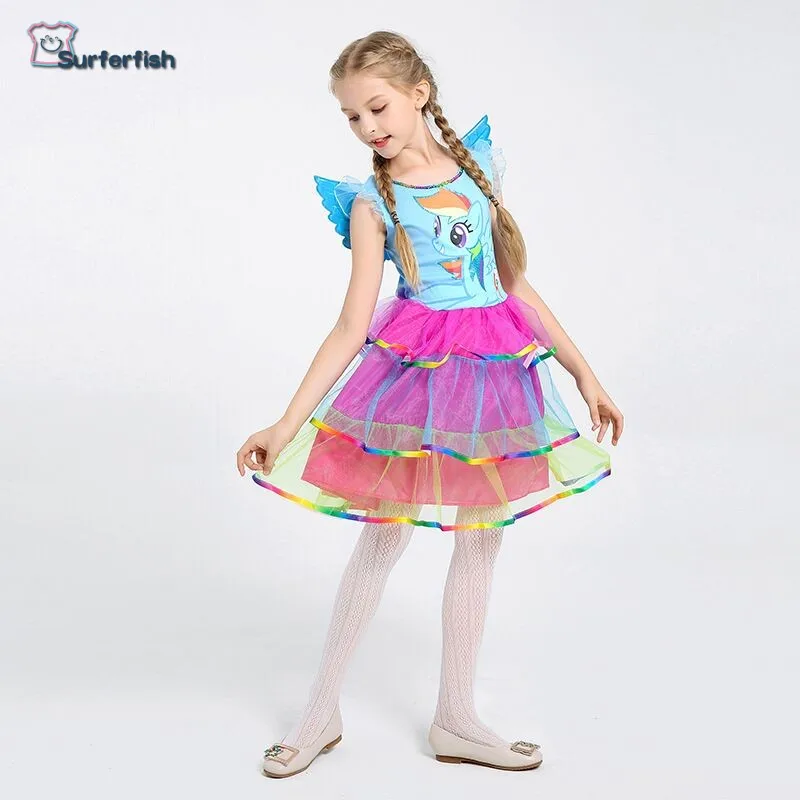 Surferfish/Прямая поставка; платье принцессы для маленьких девочек с единорогом; праздничное платье для девочек; одежда для костюмированной вечеринки на Хэллоуин; детское платье; маленький пони