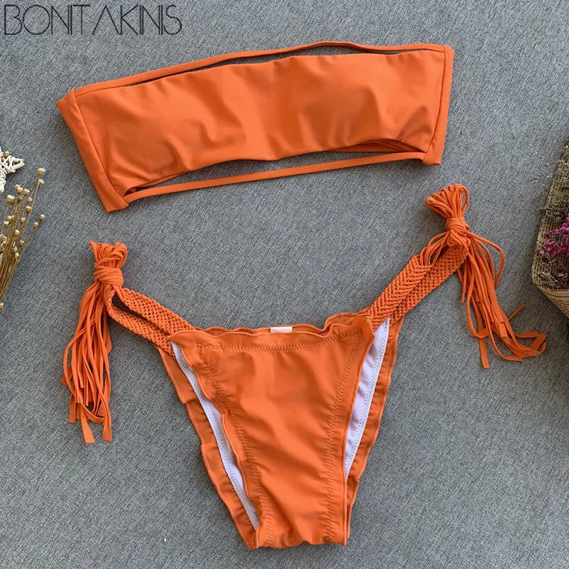 Bonitakinis модный стиль сплошной цвет бикини набор бандажный ремень сексуальный