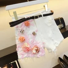 Лето, вышивка, кружева, блестки, 3D Цветы, тонкие белые шорты, женская мода, уличная кисточка, рваные шорты без ремня, W1717