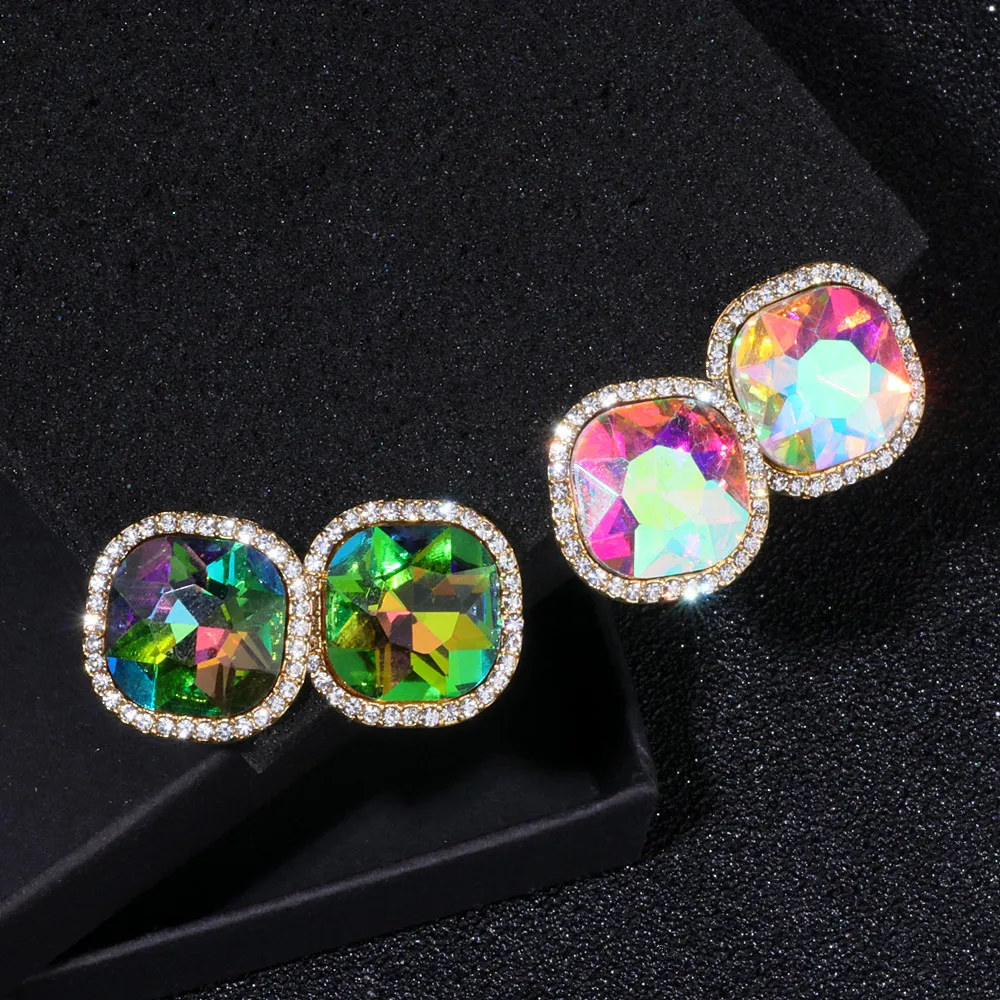 New Fashion Luxury Jewelry Colour Crystal Rhinestone Square Stud Earrings For Woman Gold Color Earring Accessories Brincos WX035
