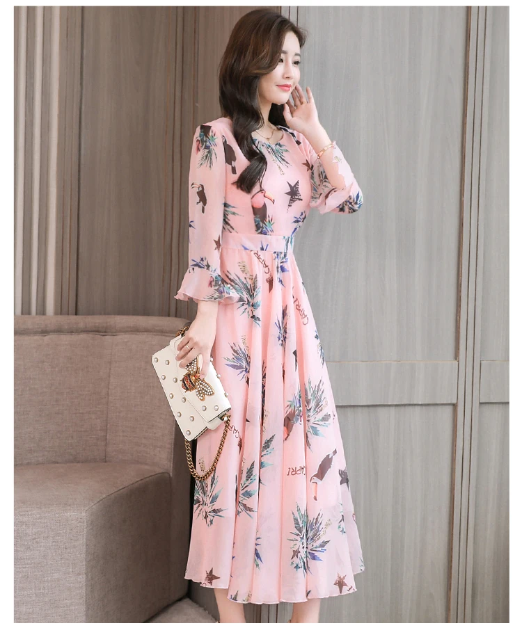 High quality Autumn New Arrival Plus Size S-XXXL Fashion V Collar Flare Sleeve Flower Printed Woman Long Chiffon Dress