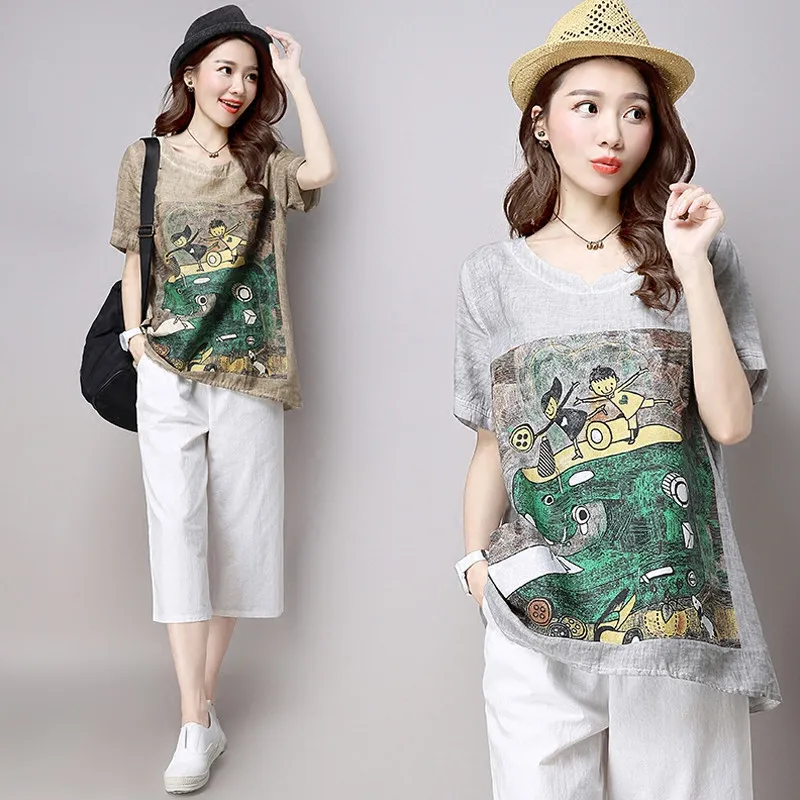 

2019 M-XXL Literature Art Cotton Linen T-Shirts Summer Cartoon Print Women T-shirt Loose Short Sleeve T shirts Casual Tops 61854