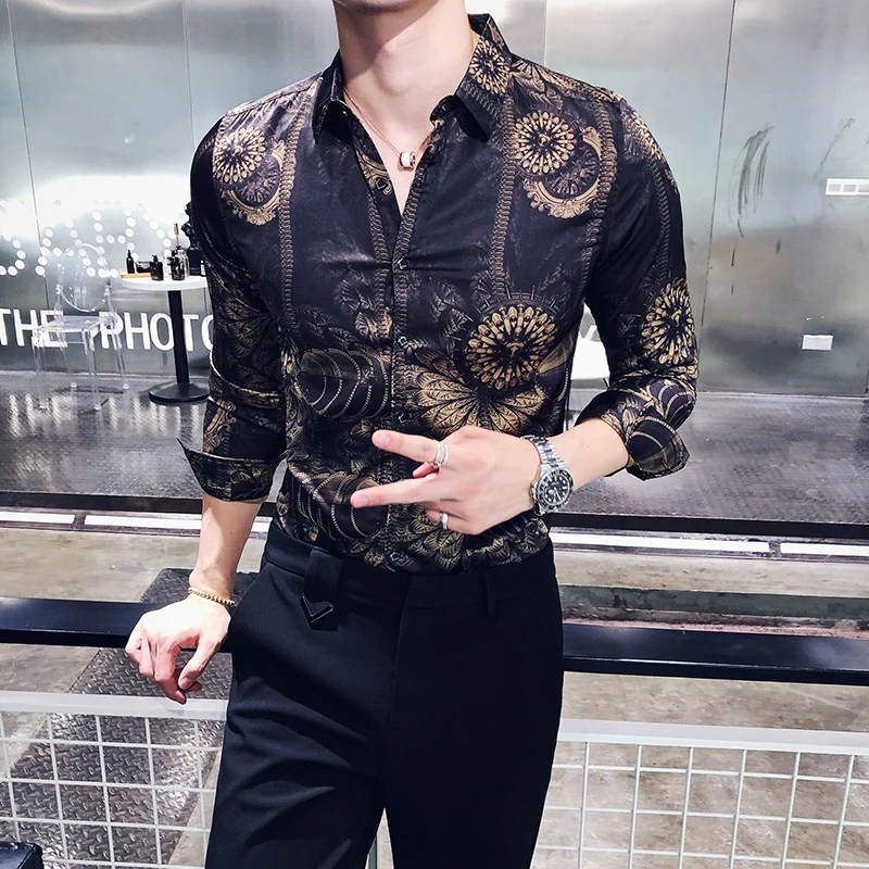 Vente Or Noir Chemise Hommes 2018 Nouveau Automne Manches Longues Bouton Vers Le Bas Party Club Chemise Hommes Designer Camisa Masculina Chemise Décontractée 3xl