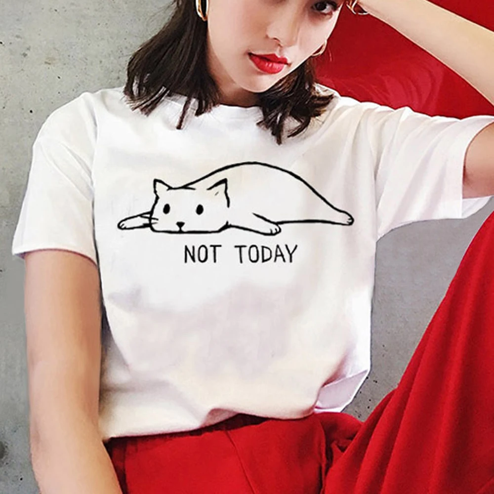 

Overthing Hungry Cat Not Today Cat T-shirts Cotton Summer Women Cute Cat Print T-shirt Tops Plus Size 5XL WDC2262