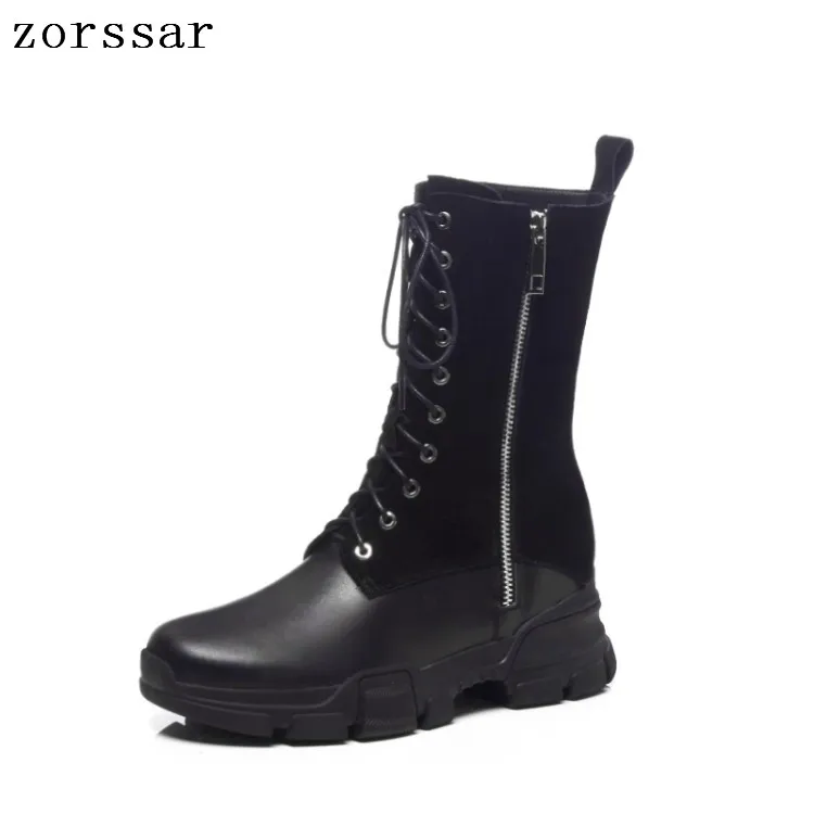 

{Zorssar} 2019 New Genuine leather flat women mid calf boots winter warm shoes botas female motorcycle boots women botas mujer