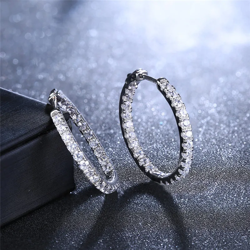 

BOAKO Silver Color High Polished Hoop Earrings Paved with AAA Austrian Cubic Zirconia for Wedding Party oorbellen Jewelry X7-M1