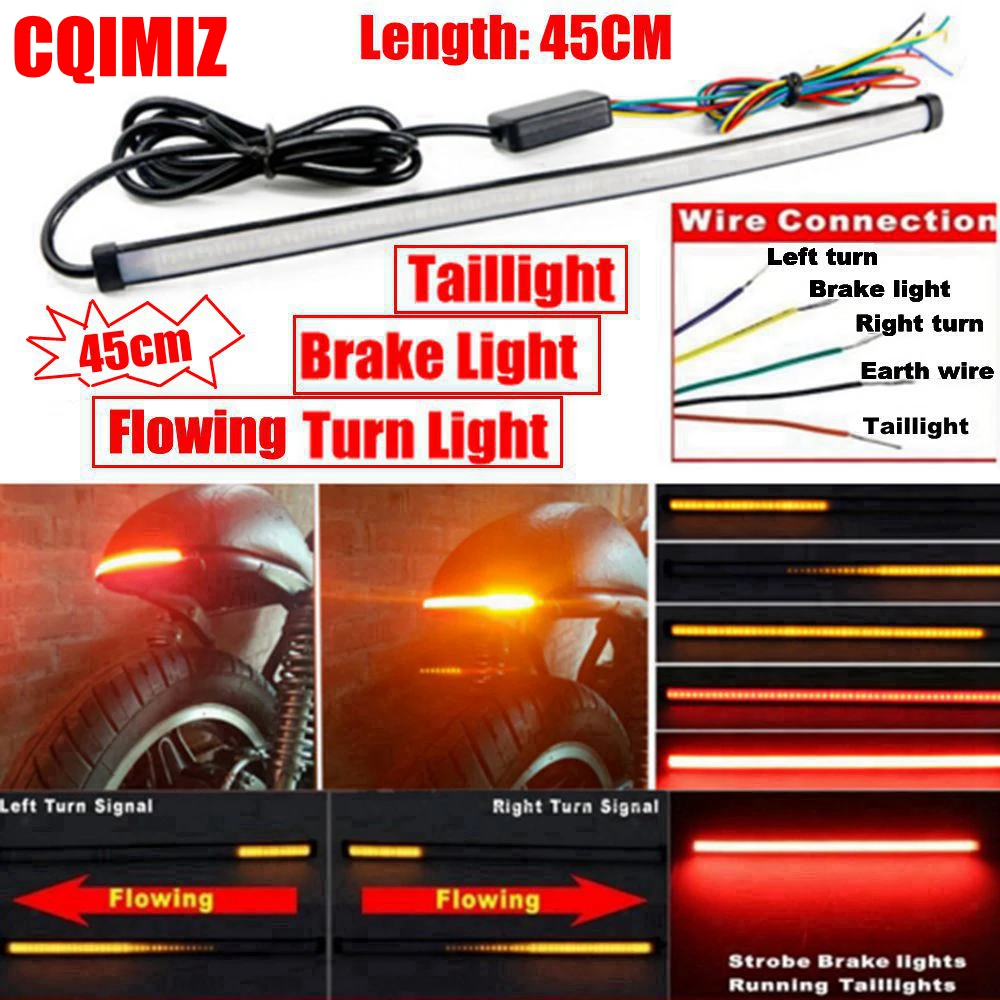 

Motorcycle Red Amber LED 45cm Sequential Switchback Flowing Tail Brake Light Running Turn Signal Light Strip