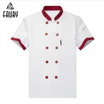 

Chef Uniform Food Service Short-sleeve Double Breasted Patchwork Kitchen Bakery Sushi Chef Jacket Restaurant Workwear Wholesale