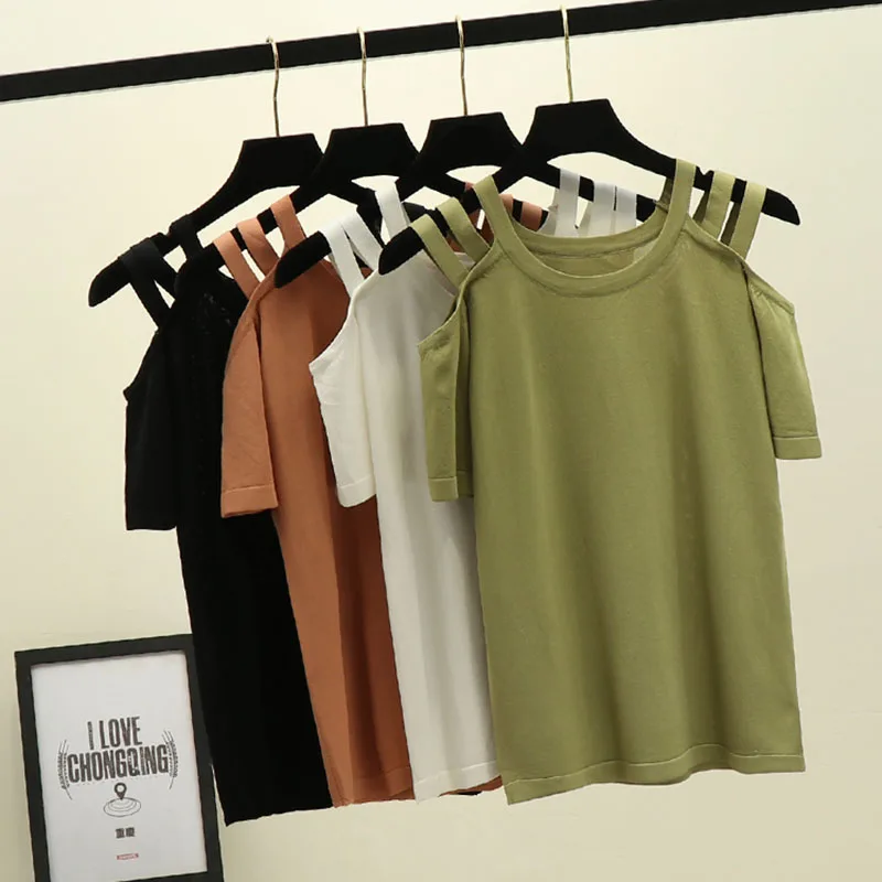 

Women Summer Short Sleeve Strappy Cold Shoulder Tops Blouses O-Neck -Knit Pullover Top Blouse