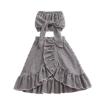

Children's Girls Boob Tube Plaid Tops + Irregular Skirts Two Pieces Sets Chiffon Children Clothing