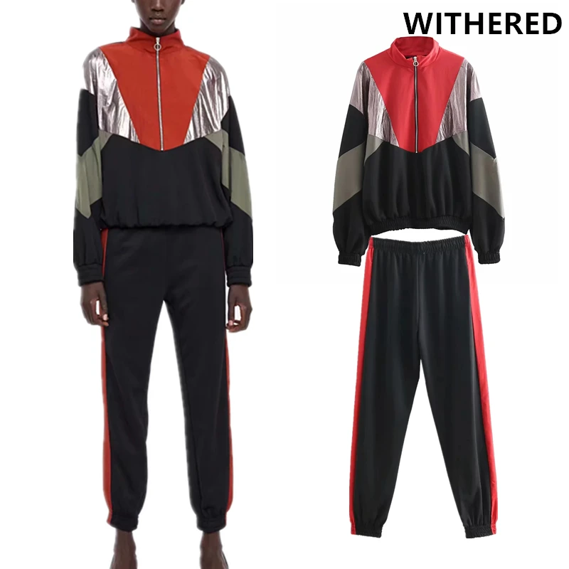 

Withered high street patchwork color zipper pullover jacket and pants two piece set conjuntos de mujer tracksuit women plus size