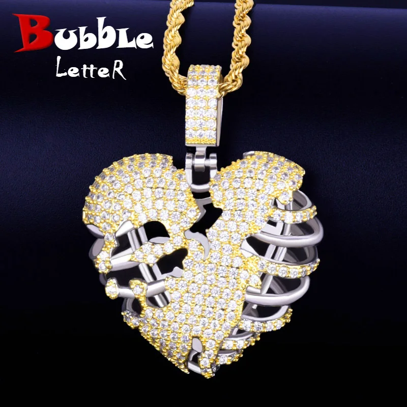 

Gold Broken Skeleton Heart Pendant Necklace With Tennis Chain AAA Cubic Zircon Men's Hip hop Rock Jewelry