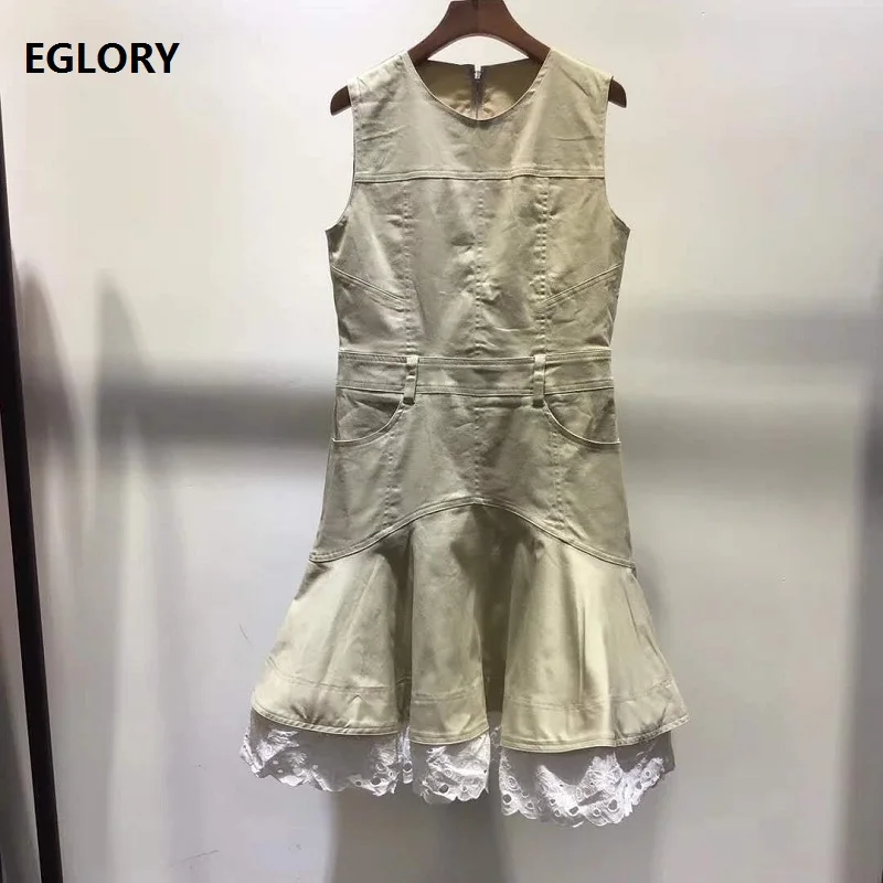 

Sim Fit & Flare Dress 2019 Autumn Casual Jeans Dress Women O-Neck Hollow Out Embroidery Patchwork Sleeveless Twill Denim Dress