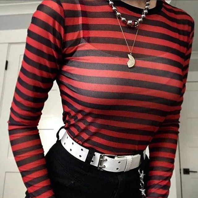 T Shirt 2018 Autumn Women Black and Red Striped O Neck Long Sleeve