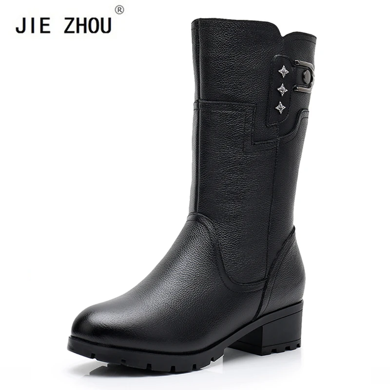 

Large Size 40-43 Zipper Mid Calf High Boots Women Boots Winter Genuine Leather Fashion Square Heel Woman Shoes zapatos de mujer