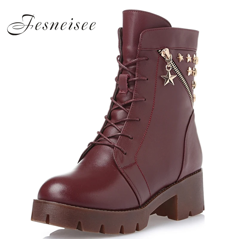 

High quality genuine leather +PU metal zipper rivets thick heel ankle boots 2019 fashion lace up women boots martin boots M4.0