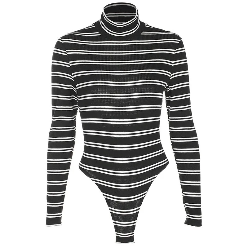 Women Sexy Black White Stripe Slim Bodysuits 2018 Winter Turtleneck