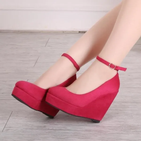 Red Closed Toe Wedges Suede Platform 