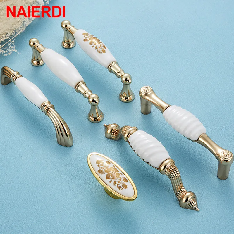 NAIERDI Gold White Creamic Gold Cabinet Handles Knobs Drawer Pulls Kitchen Door Handles Furniture Handle Cabinet Door Hardware