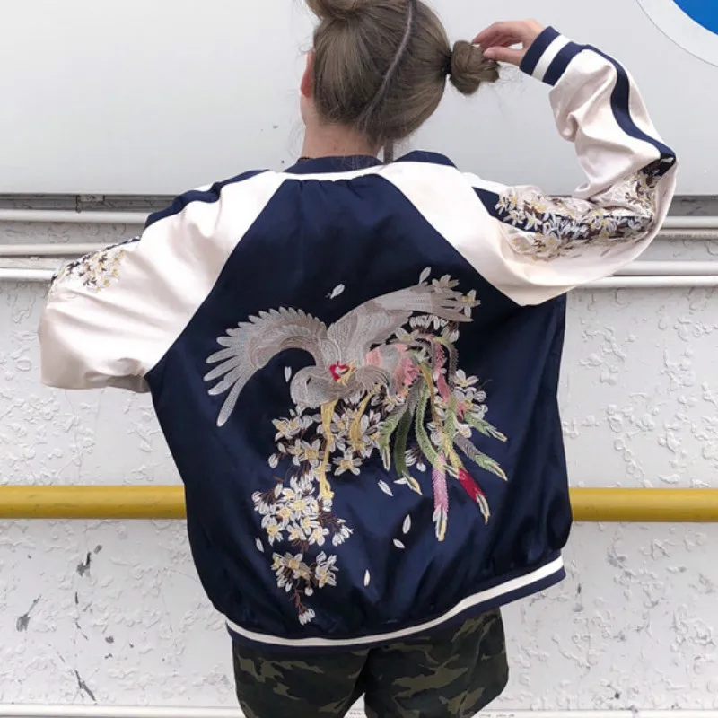 Шикарный Harajuku с вышитым Фениксом куртка атласная цветочной вышивкой Бейсбол