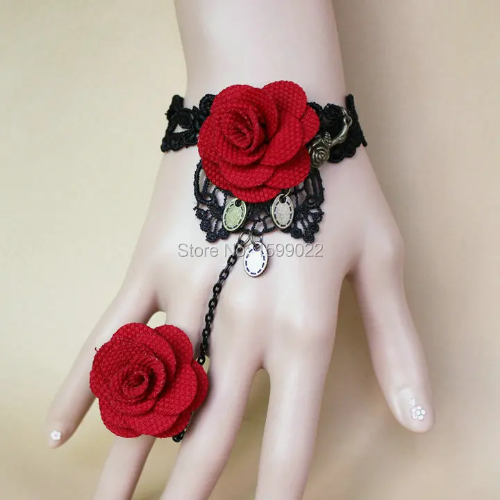 

Vintage Antique Bracelet Femme Red Rose Flower Finger Decoration Black Lace Leaves Hand Jewelry Women
