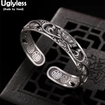 

Uglyless 100% Real Solid 999 Fine Silver Lotus Flower Bangles for Women Thai Silver Wide Open Bangle Hollow Bracelets Fine Jewel